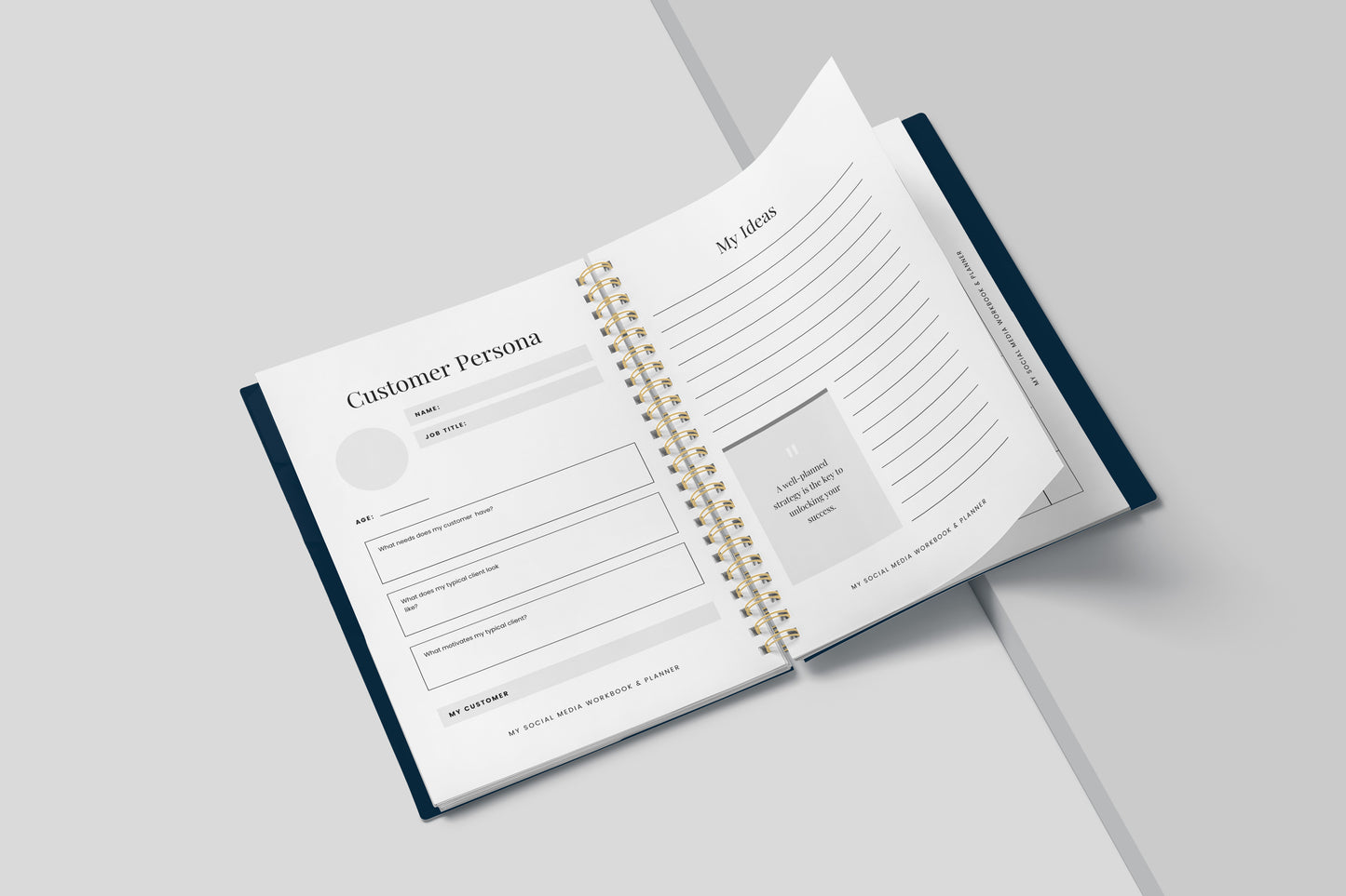 Undated Social Media Content Planner and Workbook Blue and Gold