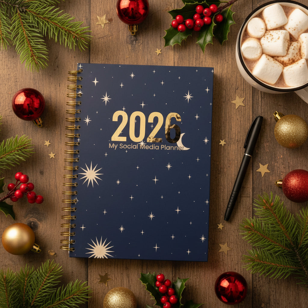 2022 planner with star and moon design on a wooden surface